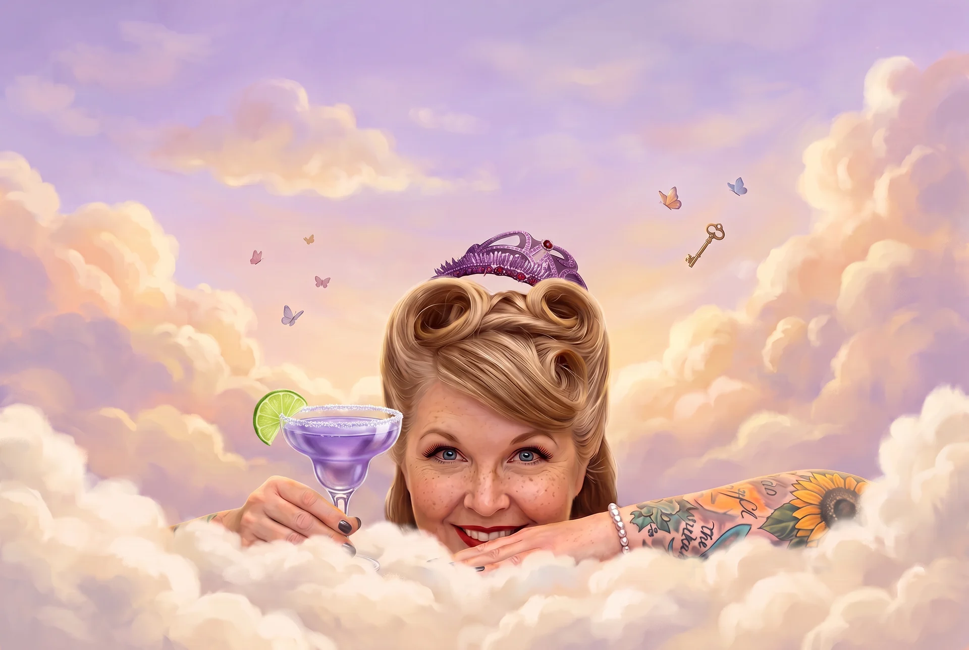 Suzy Q. Winn peeking out from a bank of soft clouds against a dreamy pastel sky